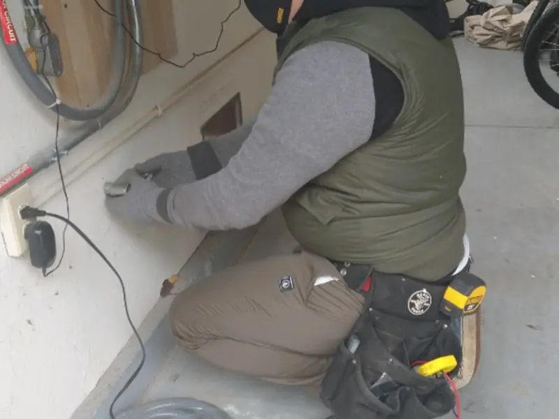 Electrician performing outlet wiring in a Glastonbury garage